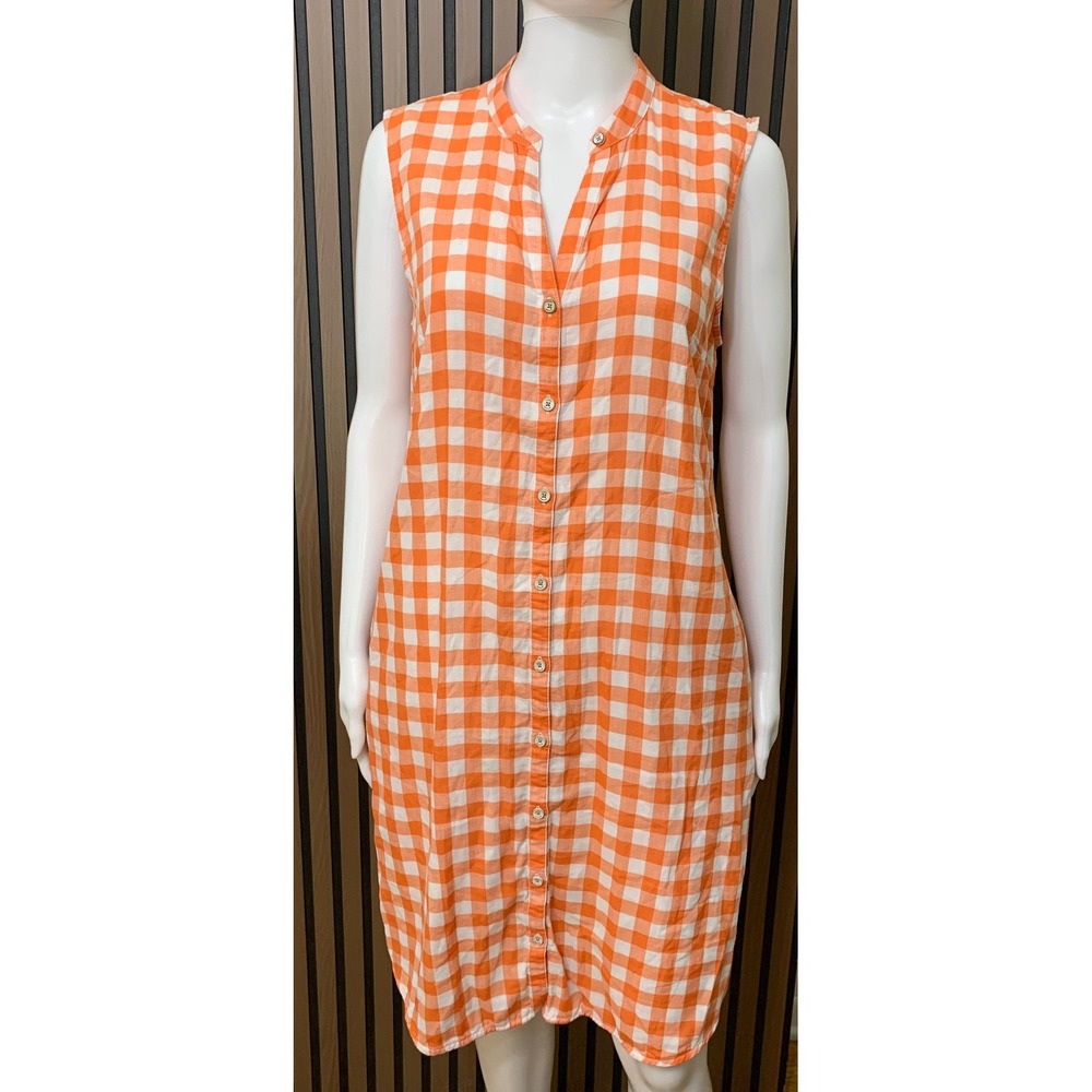 Tommy Bahama Orange Gingham Check Sleeveless Button Front Midi Dress Pockets M